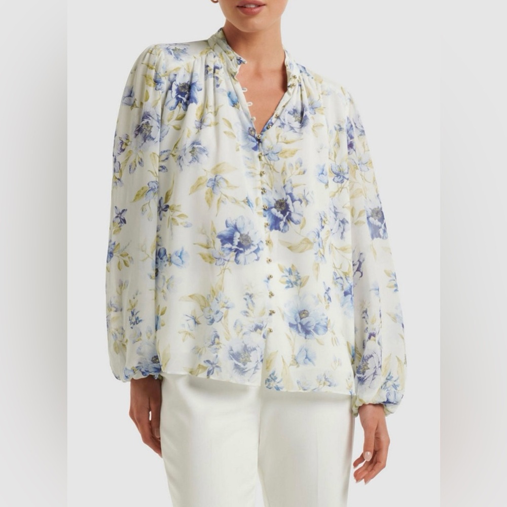 Forever New Gwen Floral Button Blouse Blue Cream Feminine Spring Summer Top